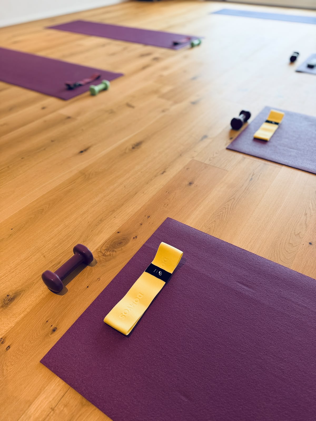 Salle lumineuse au parquet clair avec plusieurs tapis violets équipés de bandes élastiques jaunes et d'haltères
